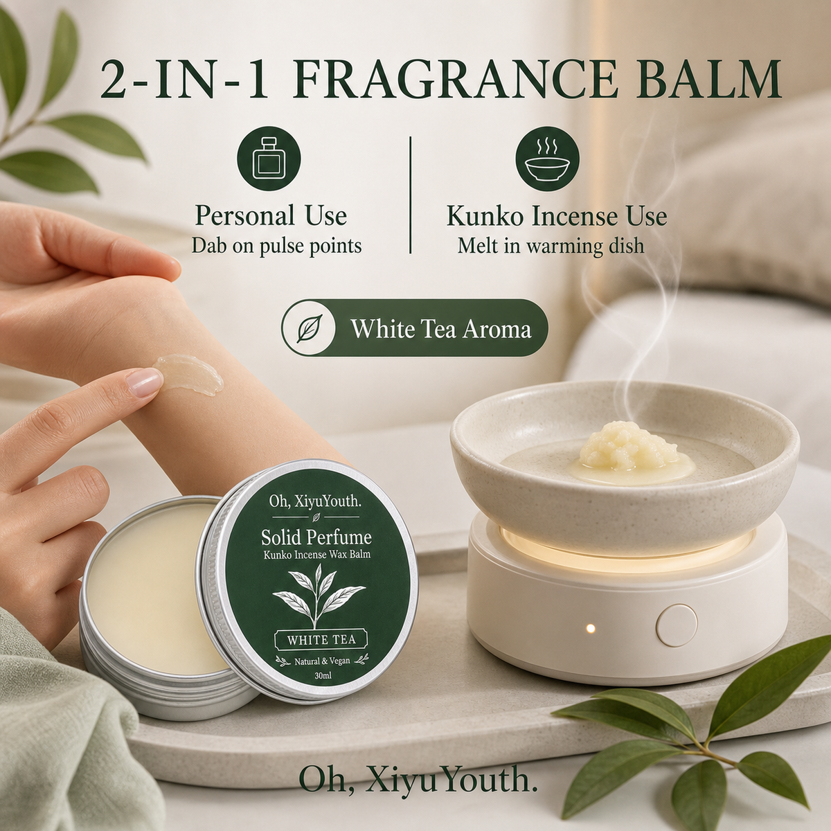 Oh, XiyuYouth.Solid Perfume & Kunko Incense Wax Balm - Portable Pocket Balm Fragrance for Personal Use & Warming Lamp Aromatherapy Kunko Incense for Men and Women, Natural & Vegan - Jasmine (30ml)