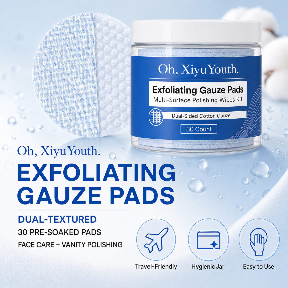 Oh, XiyuYouth.Exfoliating Gauze Pads & Multi-Surface Polishing Wipes Kit - Dual-Sided Facial Peeling Cotton Pads & Abrasive Cleaning Liquids for Skincare and Household Surface Polishing (30 Count)