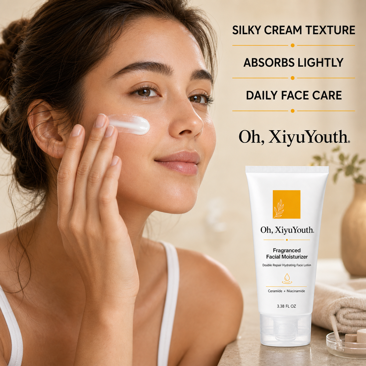 Oh, XiyuYouth.Fragranced Facial Moisturizer & Skin Cleanser Cream - Double Repair Hydrating Face Lotion with Ceramide & Niacinamide, Oil-Free Daily Fragranced Skin Care Preparation for Sensitive Skin (3.38 Fl Oz)