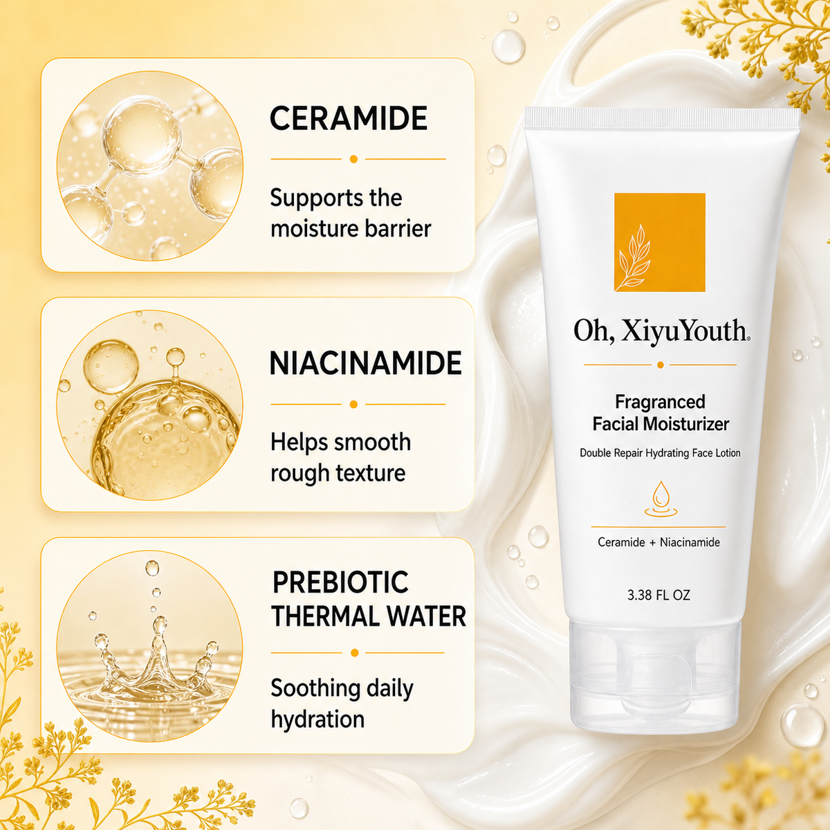 Oh, XiyuYouth.Fragranced Facial Moisturizer & Skin Cleanser Cream - Double Repair Hydrating Face Lotion with Ceramide & Niacinamide, Oil-Free Daily Fragranced Skin Care Preparation for Sensitive Skin (3.38 Fl Oz)