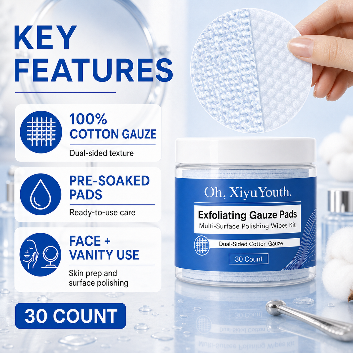 Oh, XiyuYouth.Exfoliating Gauze Pads & Multi-Surface Polishing Wipes Kit - Dual-Sided Facial Peeling Cotton Pads & Abrasive Cleaning Liquids for Skincare and Household Surface Polishing (30 Count)