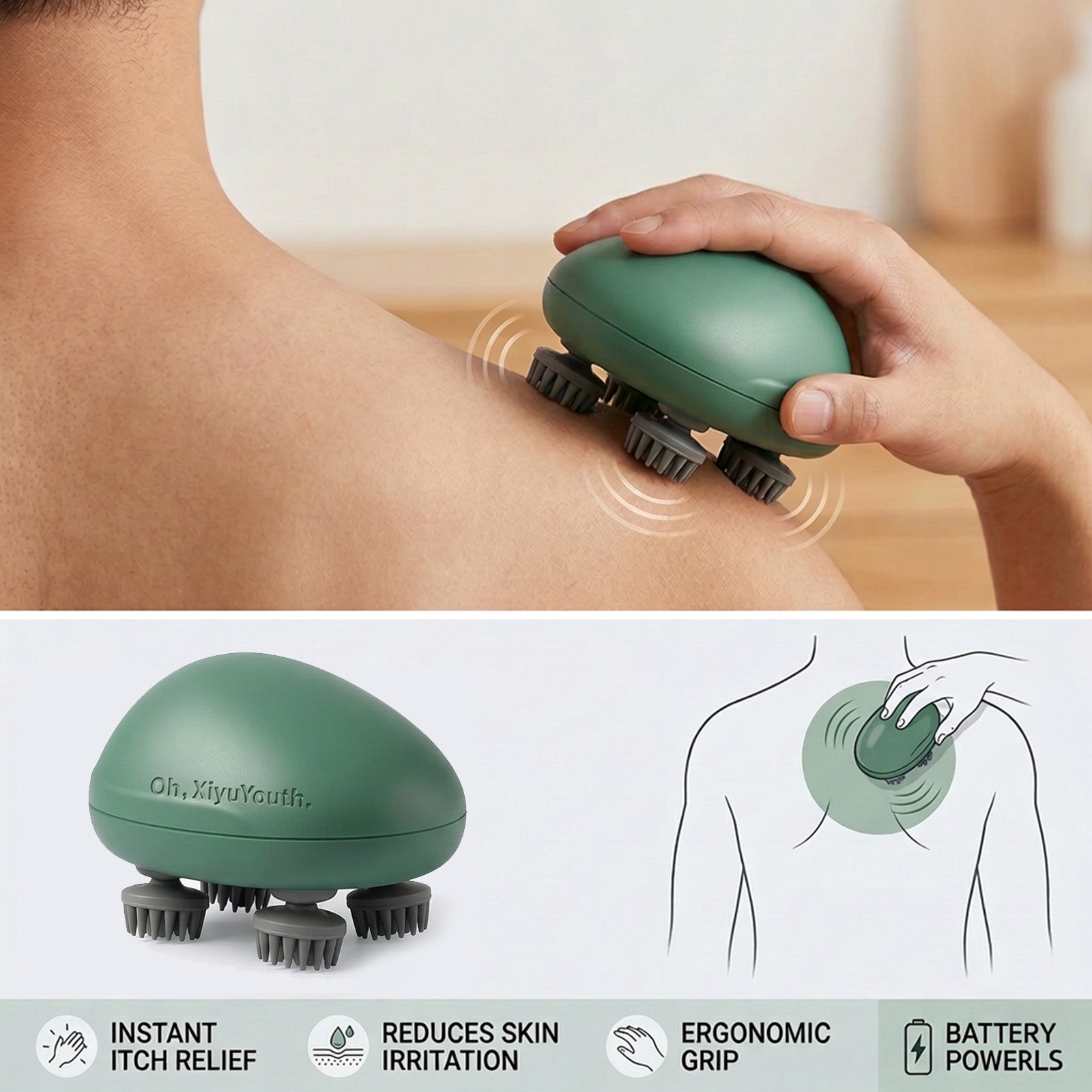 Oh,XiyuYouth. Electric Body Massager & Itch Reliever | 4-Claw Deep Tissue Scratching | Portable Cordless Head & Back Scratcher for Quick Relief | Ergonomic Anti-Itch Device